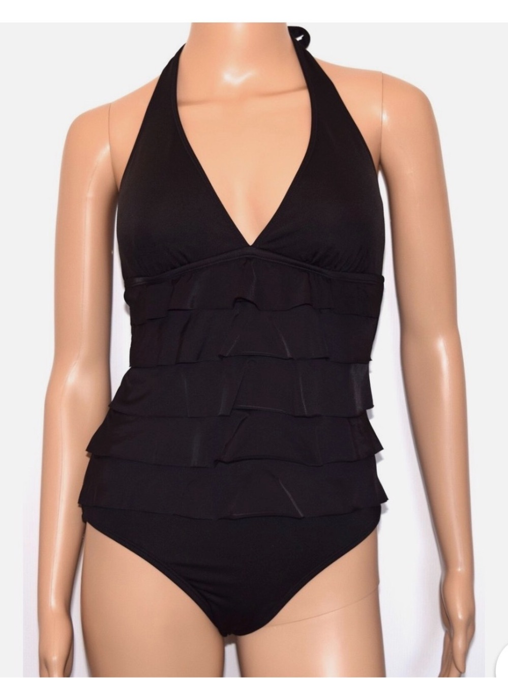 Kenneth Cole Reaction Black Ruffle Halter One-Piece Swimsuit